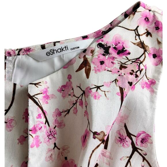 Cherry Blossom Print Dupioni Midi Dress Sz 16 Split Boat Neck Sash Belt New - Picture 4 of 13